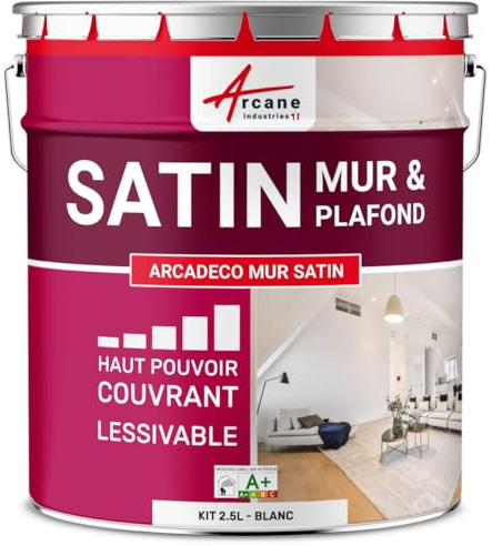 ARCANE INDUSTRIES Pintura mural satinada profesional – ARCADECO - 1664 – Acabado luminoso, ultra cubriente y lavable - 2,5 L Blanco
