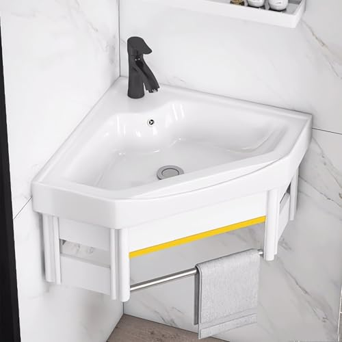 Litet vitt keramiskt väggmonterat hörnhandfat med bräddavlopp, minihandfat, utrymmesbesparande 38 cm handfat för handfat och tornstativ