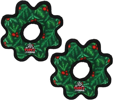 TUFFY - World's Tuffest Soft Dog Toy - Gear Ring - Wreath -Squeakers-Multiple Layers.Made Durable, Strong & Tough.Interactive Play(Tug, Toss & Fetch).Machine Washable & Floats (Junior 2 Pack)