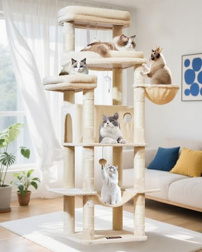 Taoqimiao Rascador para Gatos Grandes, 180cm Arbol Rascador para Gatos com Plataformas Grande, Espacioso Cuevas, Cesta, Hamaca, MS034M Beige