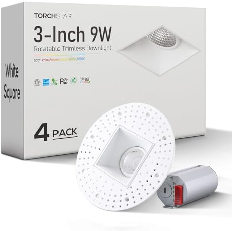 TORCHSTAR 5CCT Trimless 3 Inch Gimbal LED Recessed Light, 9W 120V Ceiling Canless Square Commercial Dimmable LED Downlight with Junction Box, 2700K-5000K 730LM CRI 90+, ETL, White, Pack of 4