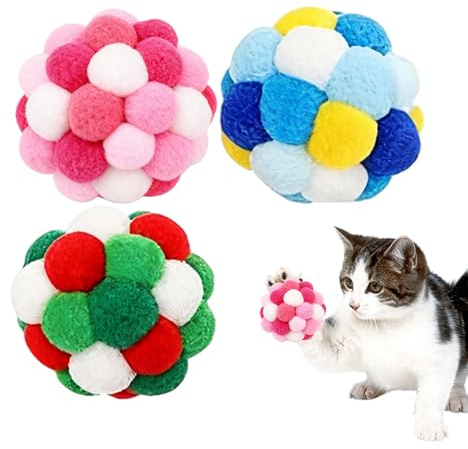 Giocattoli per gatti, set di 3 giocattoli per gattini, morbide palline pelose con campane per gatti, cani e cuccioli, per allenamento al chiuso e all'aperto, di gioco e stimolazione, articoli
