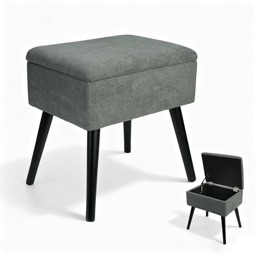Zedelmaier Sitzhocker mit Stauraum Hocker schminktisch Fußhocker Schminkhocker Polsterhocker Ottoman Hocker mit stabilen Holzbeinen für Wohnzimmer Schlafzimmer Flur Grau Frottee 42x31x44cm
