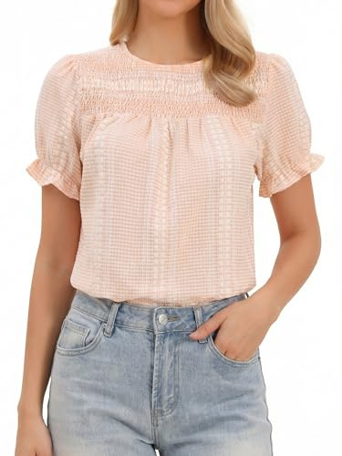 Allegra K Blusas de Cuadros para Mujer con Peplum con Mangas Cortas Abullonadas y Cuello Redondo Bonitas de Verano a Cuadros Rosa XL