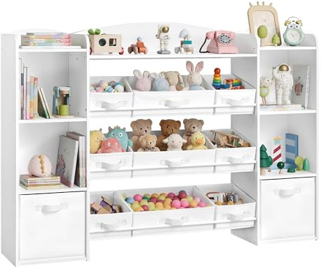 SONGMICS Kinderregal, Spielzeug Aufbewahrung, Spielzeugregal, Montessori Regal, 4 offene Fächer, 9 mittlere und 2 seitliche Boxen, für Kinderzimmer, 30 x 143,8 x 104 cm, wolkenweiß GKR062WB01