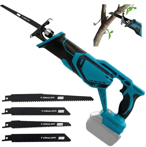 Sierra de sable inalámbrica compatible con batería Makita de 18 V, sierra de sable inalámbrica para serrar madera/acero con 4 hojas de sierra sable, gafas protectoras y guantes (sin batería/sin