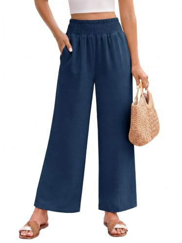 HEEKPEK Pantaloni Donna Estivi Leggeri Pantaloni Comodi Larghi Casual Elastico Vita Alta Solido Sciolto Lunghi Palazzo Pantaloni Gamba Dritta Casual Spiaggia Jogging con Tasche (Marino, M)