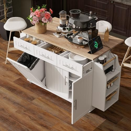 Desserte îlot de Cuisine sur Roulettes avec USB, Meuble de Cuisine avec Plans de Travail Rabattable et Compartiment Poubelle, 3 Tiroirs, 2 Portes, Porte-torchons, Étagère à épices à 3 Niveau, Blanc