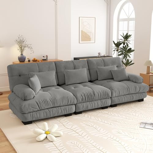 Yihomfy Canapé 3 Places en Chenille, 313cm Canapé Salon, 3 Coussins et 2 Coussins décoratifs, Structure en Bois Massif, Cloud Canapé Modulable Moderne