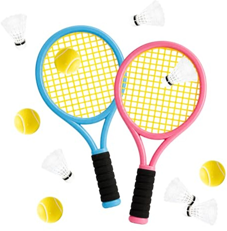 Atomvia Kids Tennis Rackets, 2 Oval Tennis Rackets with 6 Shuttlecocks and 4 Tennis Balls, Lightweight Sports Game Set for Indoor Outdoor Play for Children(Pink and Blue)