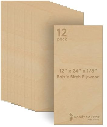Baltic Birch Plywood, 3 mm 1/8 x 12 x 24 Inch Craft Wood, Box of 12 B/BB Grade Baltic Birch Sheets, Perfect for Laser, CNC Cutting and Wood Burning, by Woodpeckers