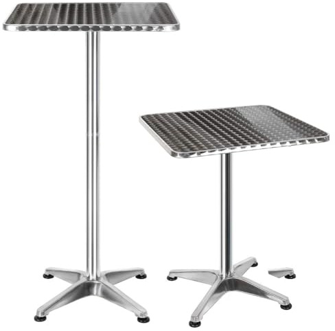 BAKAJI - Table de Bar Haute en Aluminium, pour extérieur 60 x 60cm, avec Hauteur réglable 70/110 cm, Plateau en Acier Inoxydable, pour Bar, bistrot, Maison, Jardin, Restaurant