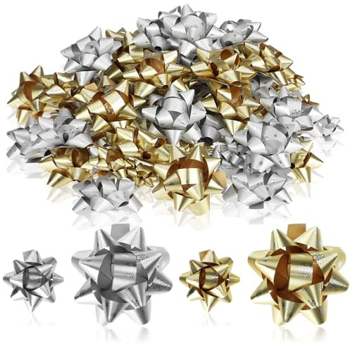 com-four® 100x Geschenkschleife in tollen Farben - Selbstklebende Dekoschleifen in groß und klein mit Schneeflocken-Muster für Weihnachten und Geburtstag (100 Stück - Flocke - Gold + Silber)