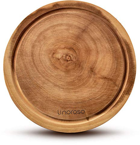 Linoroso Rundes Schneidebrett Akazien holz als Holzbrett erhältlich Schneidebrett Küchenbrett Frühstücksbrettchen mit Saftkanal Rutschfest Schnittfest Antibakteriell Küche - 25,4cm Durchmesser