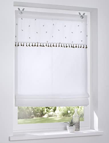 Estor plegable Honey bordado borlas sin taladrar blanco natura ancho ca. 45 x altura 140 cm