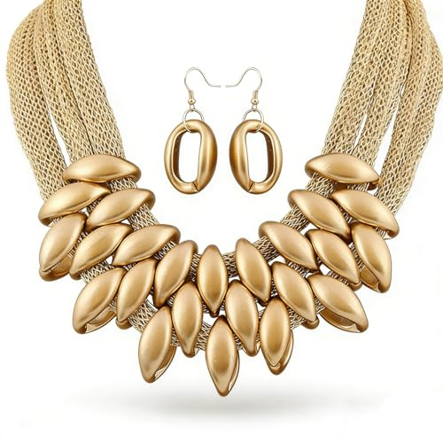 JKJF African Bib Choker Necklaces Earring Sets Chunky Tribal Style Statement Necklace African Layered Collar Necklace for Women - Gold