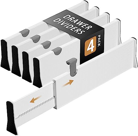 Cinnani Divisori per Cassetti Regolabili, Set di 4 Separatori per Cassetti in Plastica, Estensibili da 37,6 cm a 54 cm, Divisori Cassetti Per Cucina, Bagno, Camera da Letto, Cassettiera, Ufficio