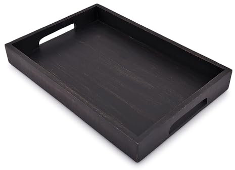 EDHAS Acacia Wood Rectangle BLACK Serving Tray for Breakfast Dinner Drinks Kitchen Dining Living Bathroom With Handle (38.1cm x 25.4cm x 4.06cm)