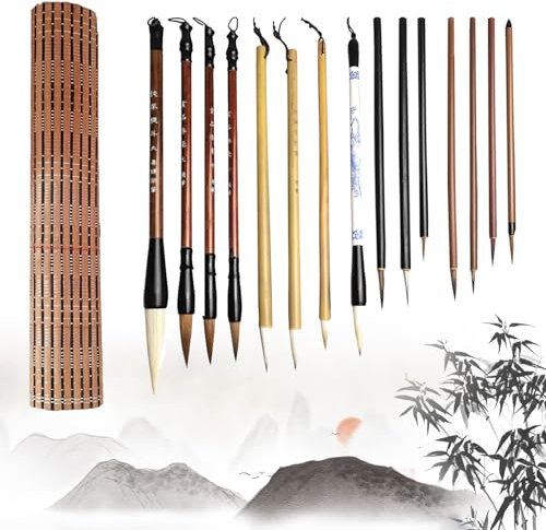 15 St. Chinesische Kalligraphie Kanji Pinsel Set, Kalligraphie Pinsel gemischte Größen Traditionelle Kalligraphie Stifte, Chinesische Schreibpinsel mit Stift Vorhang für Kunst Malerei Zeichnung