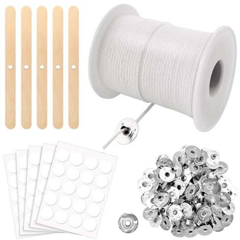 Eurtes 6100cm Kerzendocht, Natürlichen Kerzendochte für Kerzen, Baumwolle Dochte für Kerzen mit 100 Metallbasis und Aufkleber, Kerzen Docht Set für DIY Kommunionkerze, Duftkerzen und Öllampen