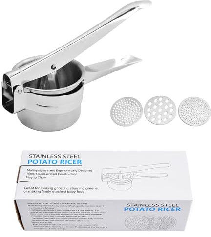 ieron Schiacciapatate in acciaio inox per uso alimentare, spremiagrumi con 3 dischi intercambiabili, pressa multifunzionale per patate, purea, frutta e verdura