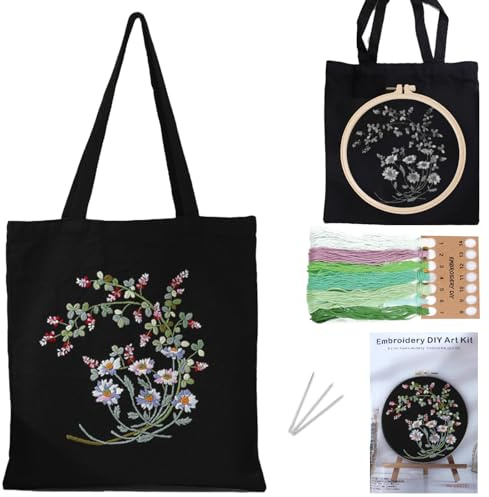 TYXHXTF Kit Broderie Débutant - Canvas Tote Bag, Point de Croix, Avec Instructions, Tambour et Sac à Broder Motif de Fleurs (Noir)