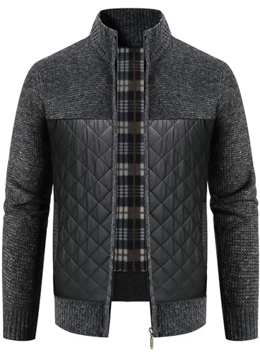 KUDORO Cardigan Gilet Homme Veste en Maille Ouvrez-Front Zippé avec Col Montant Tricoté Chaude Veste d'hiver Doublé en Polaire(Noir,XXL)