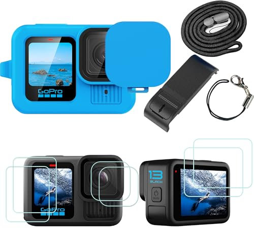 PCTC Silicone Sleeve Case for Go Pro Hero 13 Black, 6Packs Screen Protector for Hero 13&Battery Side Cover &Lens Cap& Lanyard,Accessories Kit Only for GoPro Hero 13 (Blue)
