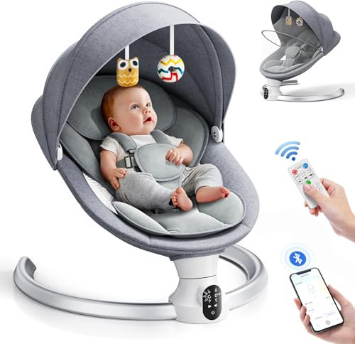Helangel Altalena per neonati, dondolo elettrico per bambini con app e telecomando, imbracatura a 5 punti aggiornata, 10 musiche Bluetooth e 5 velocità, resiste a 9 kg