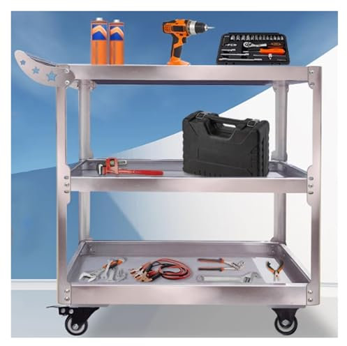 MZZKFC Rolling Stainless Steel Tool Storage Cart, 3-Tier Silver Tool Trolley with 4 Wheels & Ergonomic Handle, Large Capacity Mechanic Cart for Gallery/Shop/Home