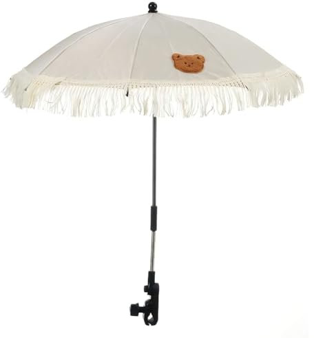 Folding Baby Stroller Parasol,Clip-On Pushchair Sunshade with Adjustable Gooseneck,Protection Canopy, Boho Fringe Design, Water-Resistant & Lightweight, Universal Fit for Prams, Buggies, Outdoor Use