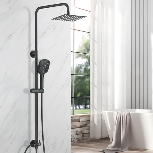 Regendusche Duschset Duschsystem, Duschgarnitur, Eckige Kopfbrause 20x20cm,Schwarze Duschstangeset Duschsäuleset aus Edelstahl ohne Duscharmatur