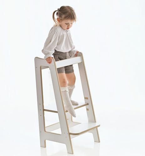 GUGI - Lernturm Für Kinder Ab 1 Jahr Größe M 40x40x85 cm - Multifunktionaler Hocker Aus Holz - Weißer Tritthocker Zum Lernen Und Spielen Im Innenbereich - Learning Tower