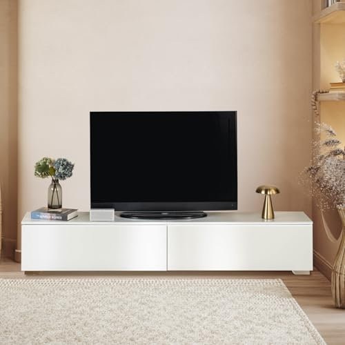 ZZINOKE TV Schrank Lowboard 180cm, 2 Ablagefächern, für bis 80 Zoll Fernseher, Weiß Sideboard Möbel für Wohnzimmer/Schlafzimmer, Moderner Stil, Weiß 180x33x30cm