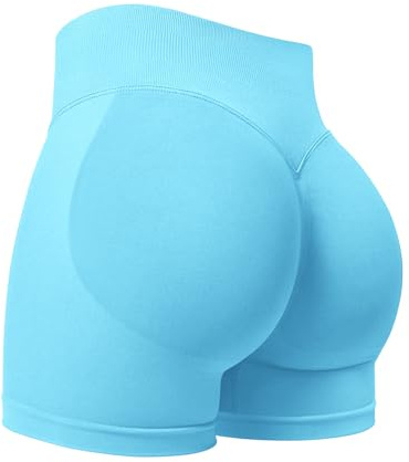 ZAAYO Sportshorts för kvinnor, 9,6 cm osynlig scrunch, rumplyft, gymträning, korta yoga-shorts med hög midja, sömlösa booty biker-shorts, Ljusblå, M