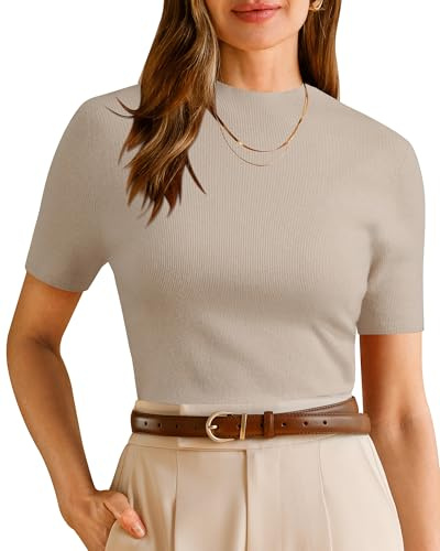 Arach&Cloz Women's 2026 Wool Blend Summer Spring Seamless Short Sleeve Ribbed Knit Tops Mock Neck Lightweight Slim Fit Shirts Work Business Casual Outfits Trendy Sweater Pullover Basic Tees Apricot L