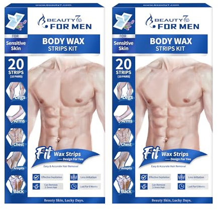 Beauty7 For Men strisce di cera fredda uomini depilazione per il corpo gambe ascella per pelle sensibile contiene 20 strisce di guardia & 4 salviette olio detergente 2 scatole