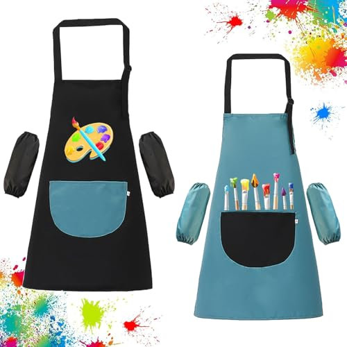 Tcdwla Malschürze Kinder, Malkittel Kinder 8-10 Jahre, 2 Sätze Malkittel Schule 1. Klasse, mit 4 Ärmeln, Größe Verstellbar, für Schule Schutz vor Malen, Tinten, Flecken (7-13Jahre) (Blau/Schwarz)