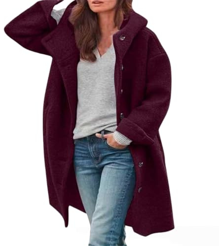 Generisch Abrigos de invierno para mujer, largas capas de lana, chaqueta con capucha de una sola hilera, abrigo largo de lana para mujer, granate, XXL
