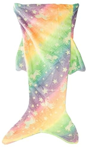Verk Group Magische Meerjungfrau Kinder Schwanzdecke Leuchtende Sterne und Meerestiere, Regenbogen Tie-Dye Design, Weicher Flanell, 105x65x42 cm, Weihnacht Geschenk für Mädchen