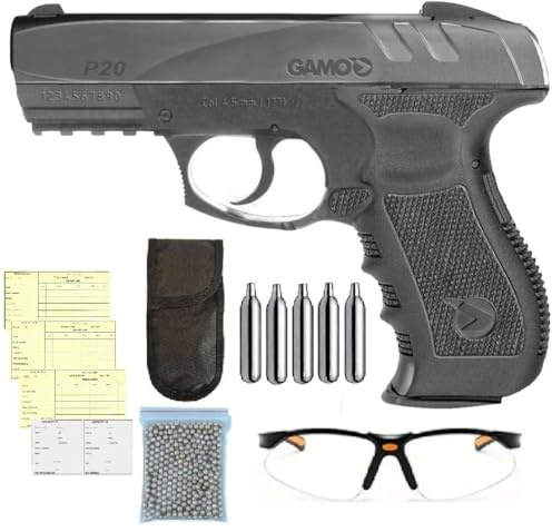 Pack Pistola perdigon Gamo GP-20 Combat. GP20. Calibre 4,5mm 3,5 Julio + Gafas Protectoras + Tarjeta de Armas + Funda + balines + Bombonas CO2