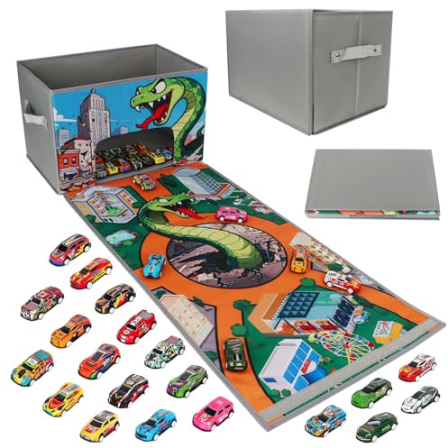Toy Car Storage Box Play Mat with 20 Cars | Kids Storage Boxes with Handles, Foldable and Portable, Speed Roads, For Boys Girls