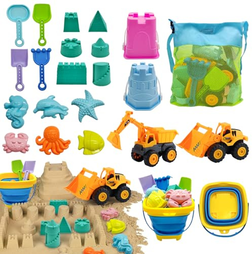 Qingning Sandspielzeug Kinder, 22 Stück Sandspielzeug Set mit Faltbarer Eimer, Bagger, Planierraupe, Sandschaufel, Sandförmchen, Netzbeutel, Outdoor Sandburg-Set Spielzeug für Kinder Jungen Mädchen