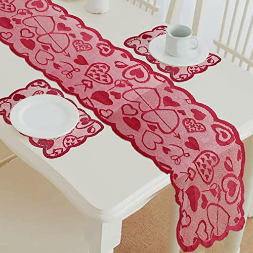 BIGKASI, Camino romántico, 2 manteles Individuales de Encaje para Aniversarios, Boda, Fiesta, decoración de Mesa del día de San Valentín, 183 x 33 cm, Poliéster, Rojo, Estándar, 3