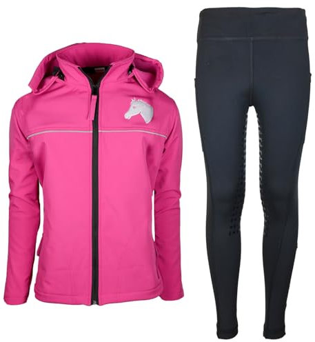 MS-Trachten Kinder Reitset Eva Softshell Reitjacke Pink mit Silikon-Vollbesatz Reitleggings Schwarz (134/140)