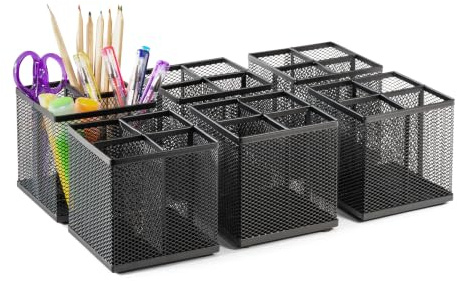 OSCO Wiremesh Square Pen Pot, 6 Pack, 4-Section Pencil Holder, Desk Tidy and Office Organiser, Makeup Brush Holder and Cosmetics Display, Metal Mesh Organiser, H10.5 × W10 × D10 cm, Black