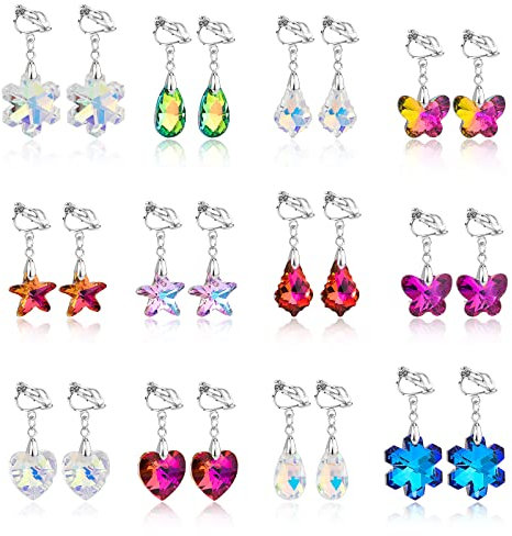 HIFOT 12 Paar Clip Ohrringe Mädchen Damen, Silber Baumeln Kristall Ohrclips Hypoallergen Ohne Ohrlöcher Sets Schmuck Geschenk