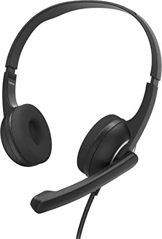 Hama | Auriculares de Oficina para PC (Auriculares con Micrófono, Conector Jack 3,5mm, Rueda de Control de Volumen, Ajuste, Cable Extralargo) Color Negro