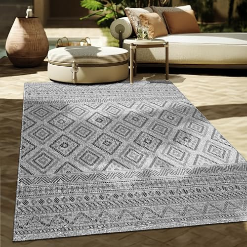 Paco Home Outdoor Teppich, Wetterfest, UV-beständig & Pflegeleicht, Flachgewebe Modern Boho-Style. Ideal für Terrasse Balkon Wohnzimmer & Küche, Grösse:300x400 cm, Farbe:Anthrazit