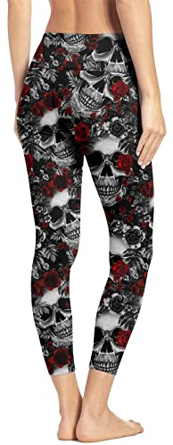 Rave on Friday Halloween Leggings Mujeres Entrenamiento Running Red Rose Skeleton Tight Stretch Pantalones Divertidos Pantalones atléticos M